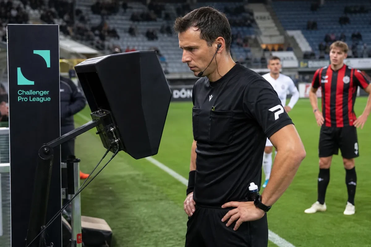 Een scheidsrechter bekijkt een fase op een Football Video Support-scherm naast het veld.