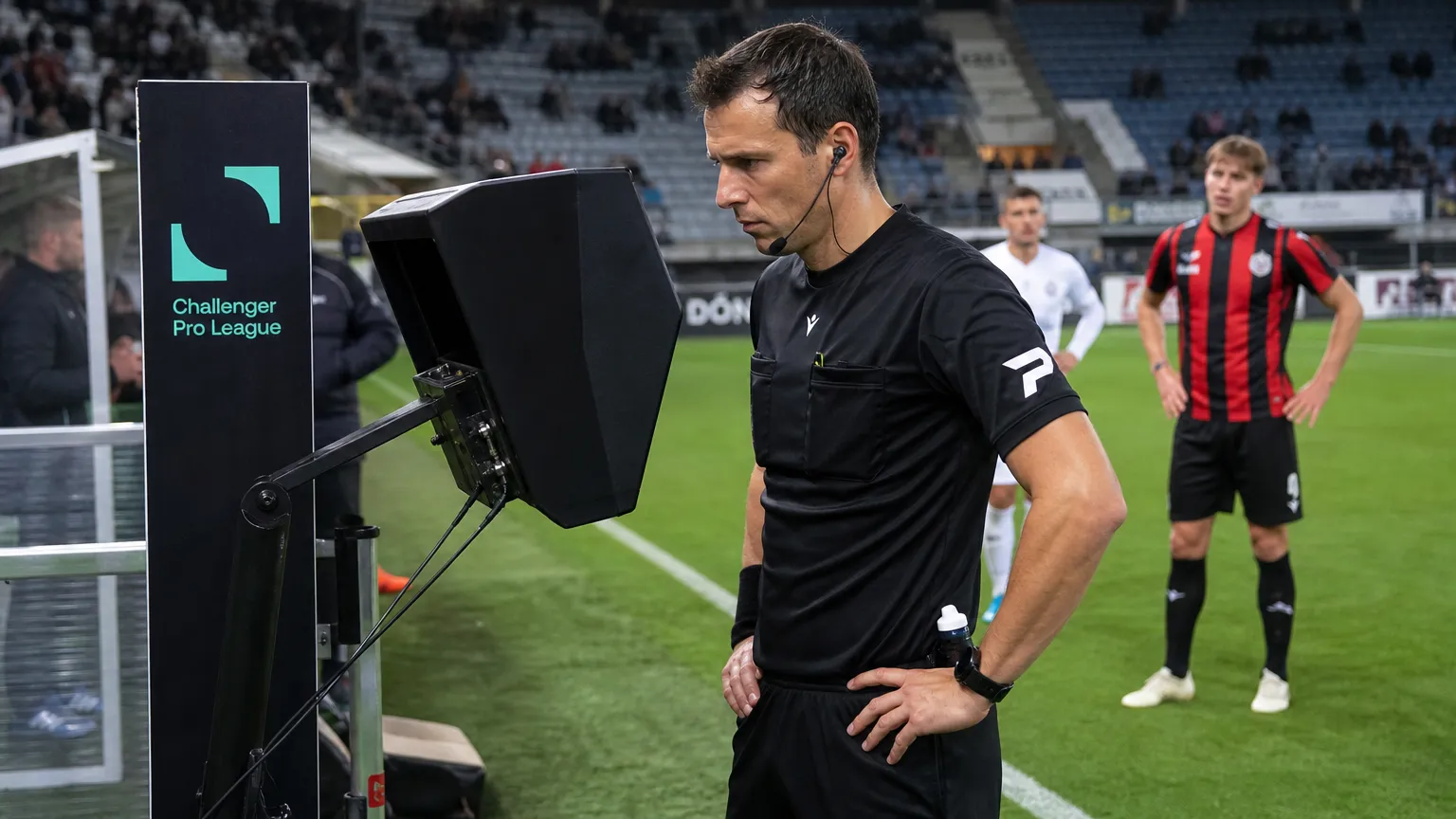 Een scheidsrechter bekijkt een fase op een Football Video Support-scherm naast het veld.