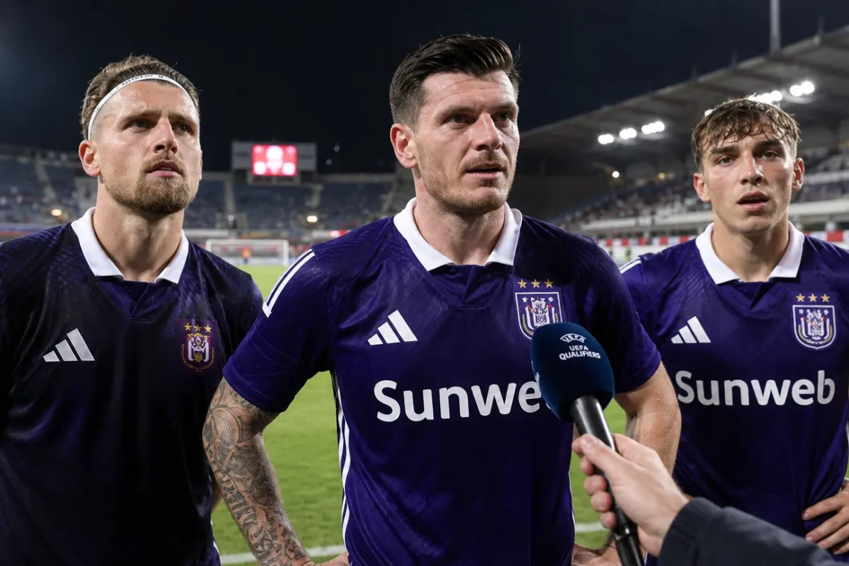 Drie Anderlecht-spelers in paarse wedstrijdkleding bij een postmatch interview aan de rand van het veld.