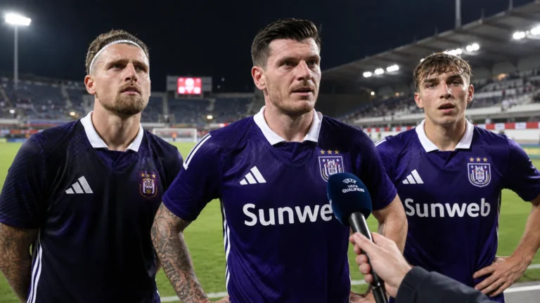Drie Anderlecht-spelers in paarse wedstrijdkleding bij een postmatch interview aan de rand van het veld.