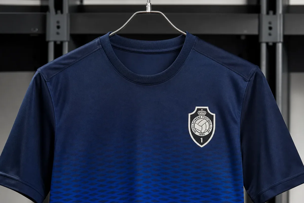 Donkerblauw derde shirt van Royal Antwerp FC met subtiel kleurverloop aan een zichtbare hanger.