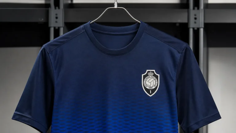 Donkerblauw derde shirt van Royal Antwerp FC met subtiel kleurverloop aan een zichtbare hanger.