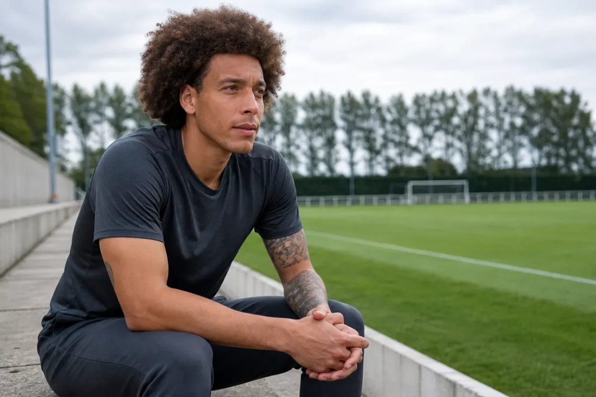 Axel Witsel in neutrale sportkleding aan de rand van een voetbalveld.