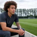 Axel Witsel in neutrale sportkleding aan de rand van een voetbalveld.