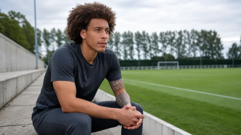 Axel Witsel in neutrale sportkleding aan de rand van een voetbalveld.