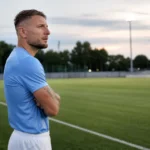 Ciro Immobile staat in neutrale sportkleding aan de rand van een leeg voetbalveld.
