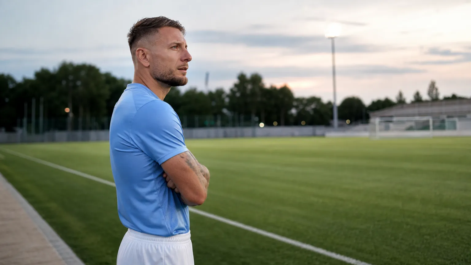 Ciro Immobile staat in neutrale sportkleding aan de rand van een leeg voetbalveld.