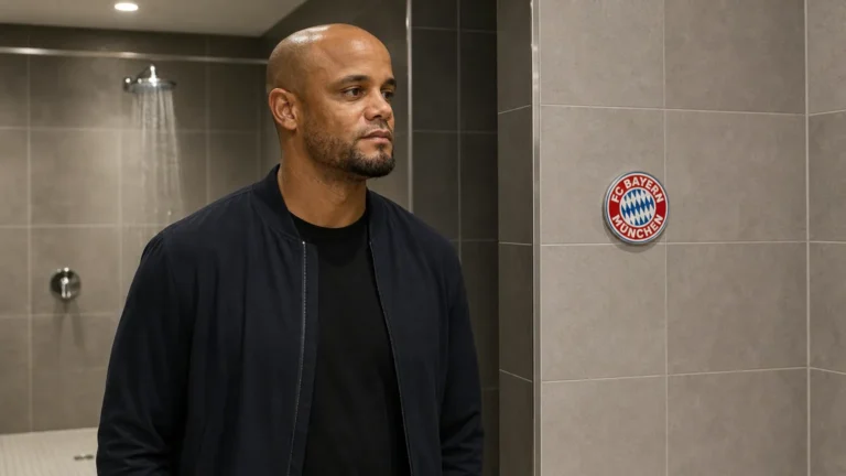 Vincent Kompany staat geconcentreerd in een betegelde wasruimte naast de kleedkamer van Bayern München.