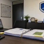 Administratieve werkruimte van KRC Genk met transferdocumenten op een bureau