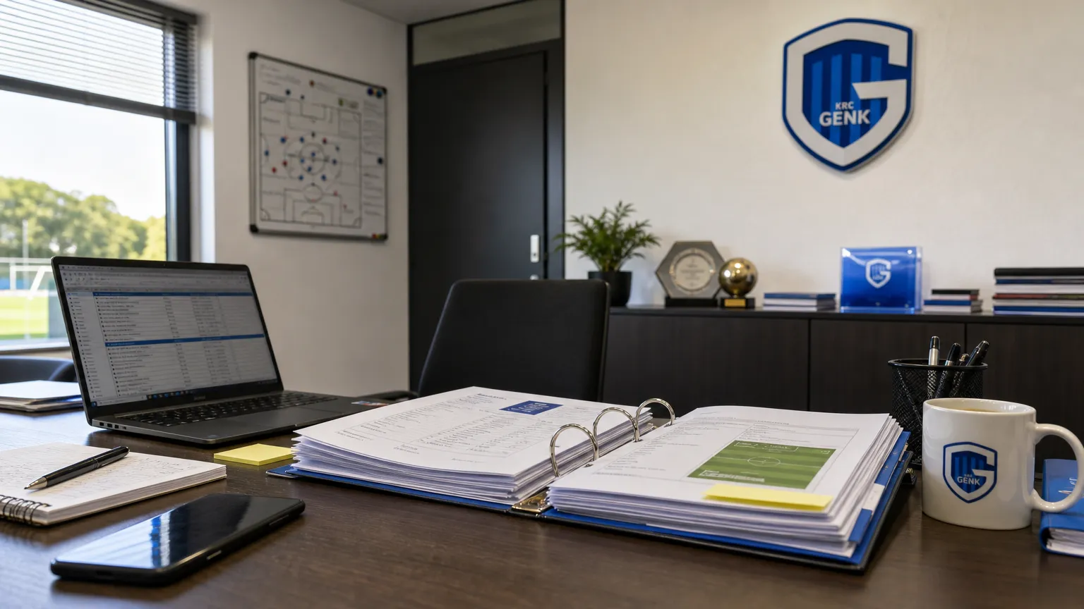 Administratieve werkruimte van KRC Genk met transferdocumenten op een bureau