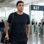 Rodri met handbagage in een luchthavenhal.