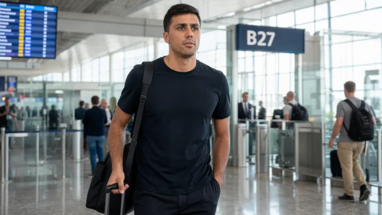 Rodri met handbagage in een luchthavenhal.