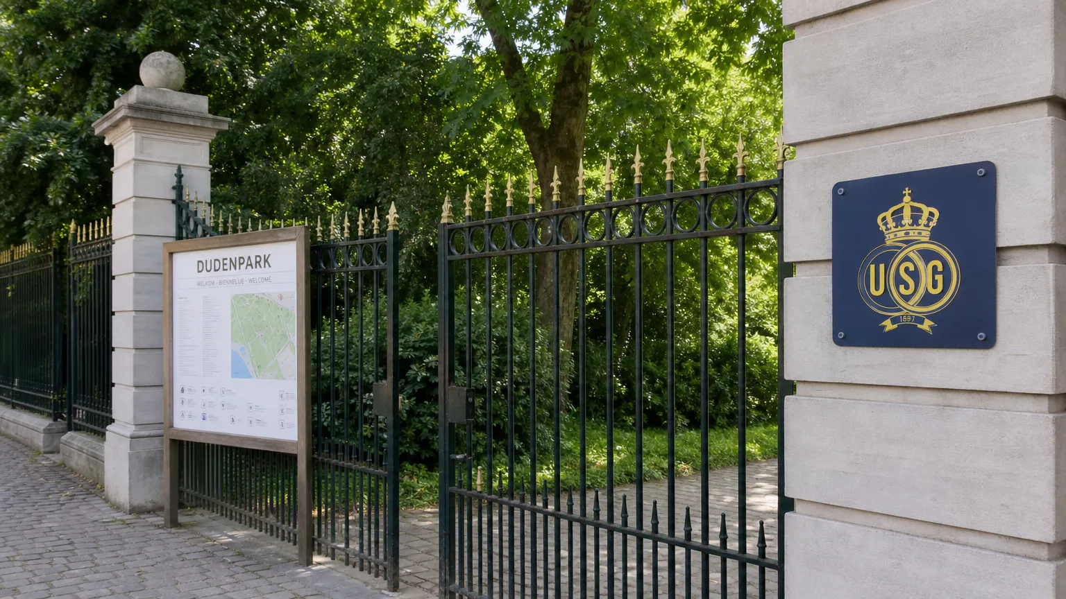 Ingang van het Dudenpark met een discreet Union SG-clubanker.