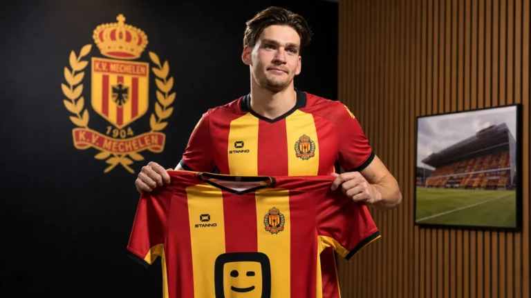 Luc Marijnissen presenteert het shirt van KV Mechelen voor de clubmedia.