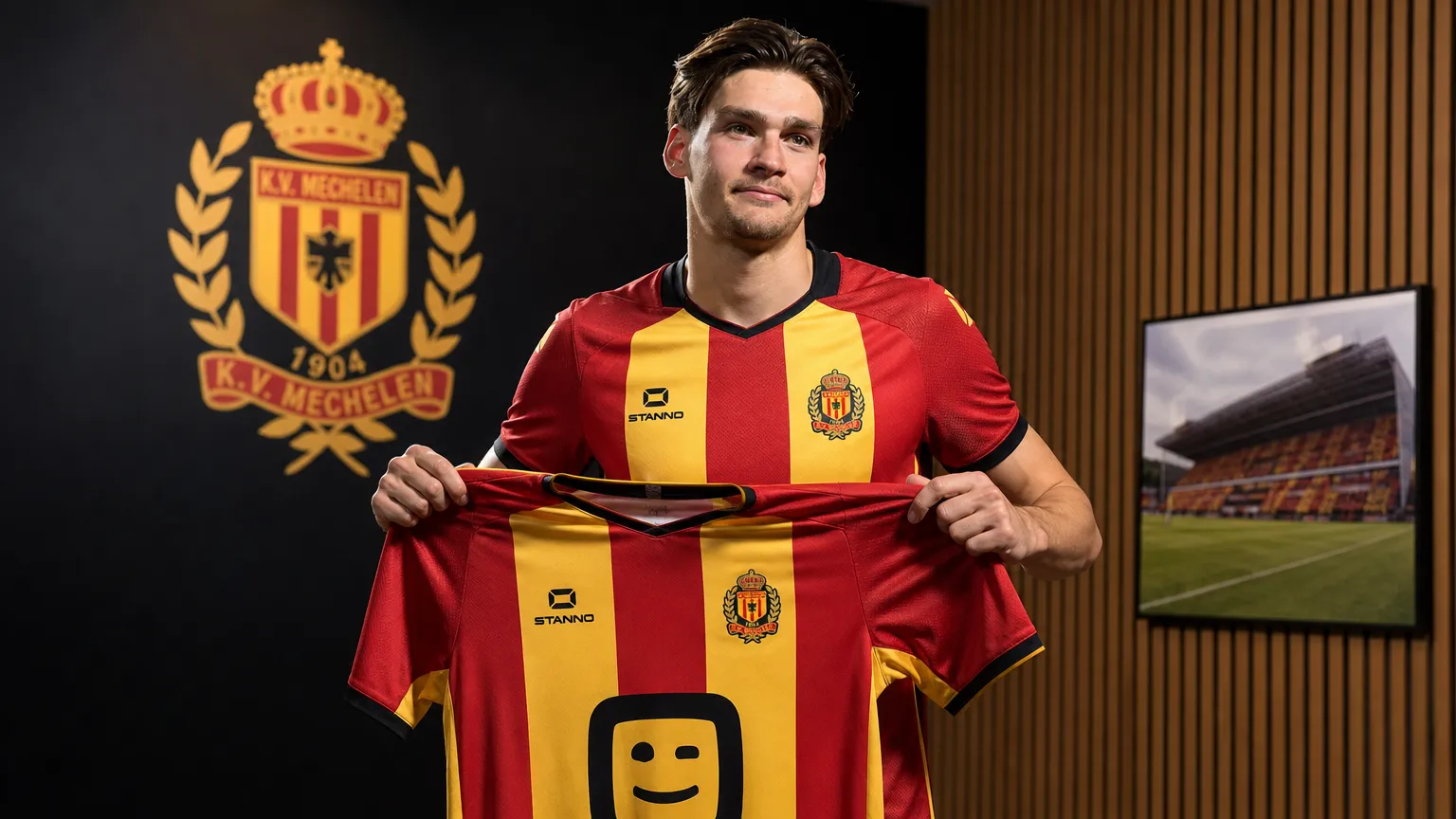 Luc Marijnissen presenteert het shirt van KV Mechelen voor de clubmedia.