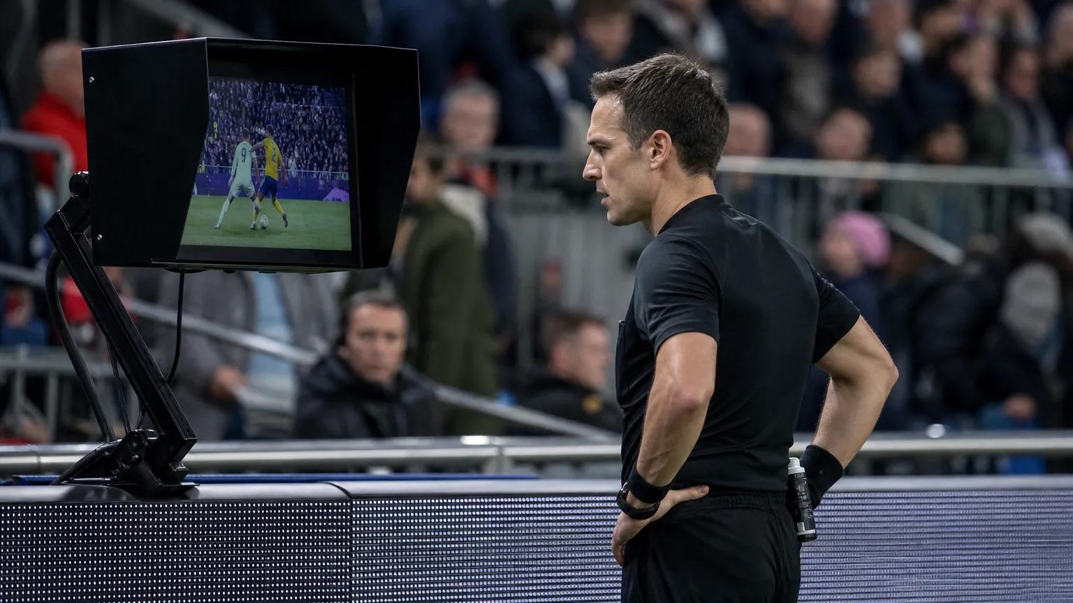 Een scheidsrechter bekijkt beelden op een videoscherm naast het voetbalveld.