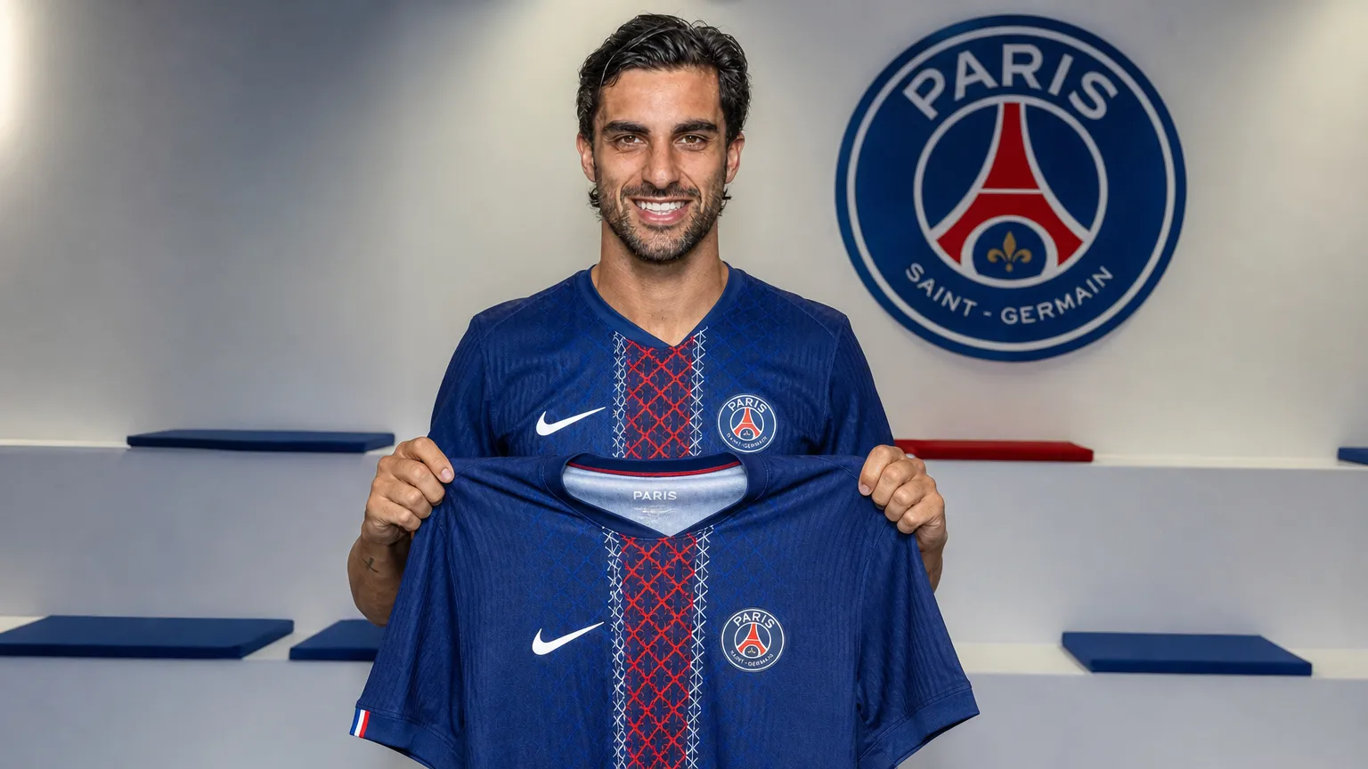 Ferran Torres poseert met een Paris Saint-Germain-shirt tijdens zijn officiƫle voorstelling.
