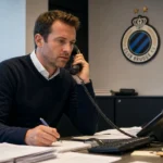 Een medewerker voert telefonisch overleg in een operationeel kantoor van Club Brugge.