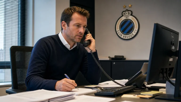 Een medewerker voert telefonisch overleg in een operationeel kantoor van Club Brugge.