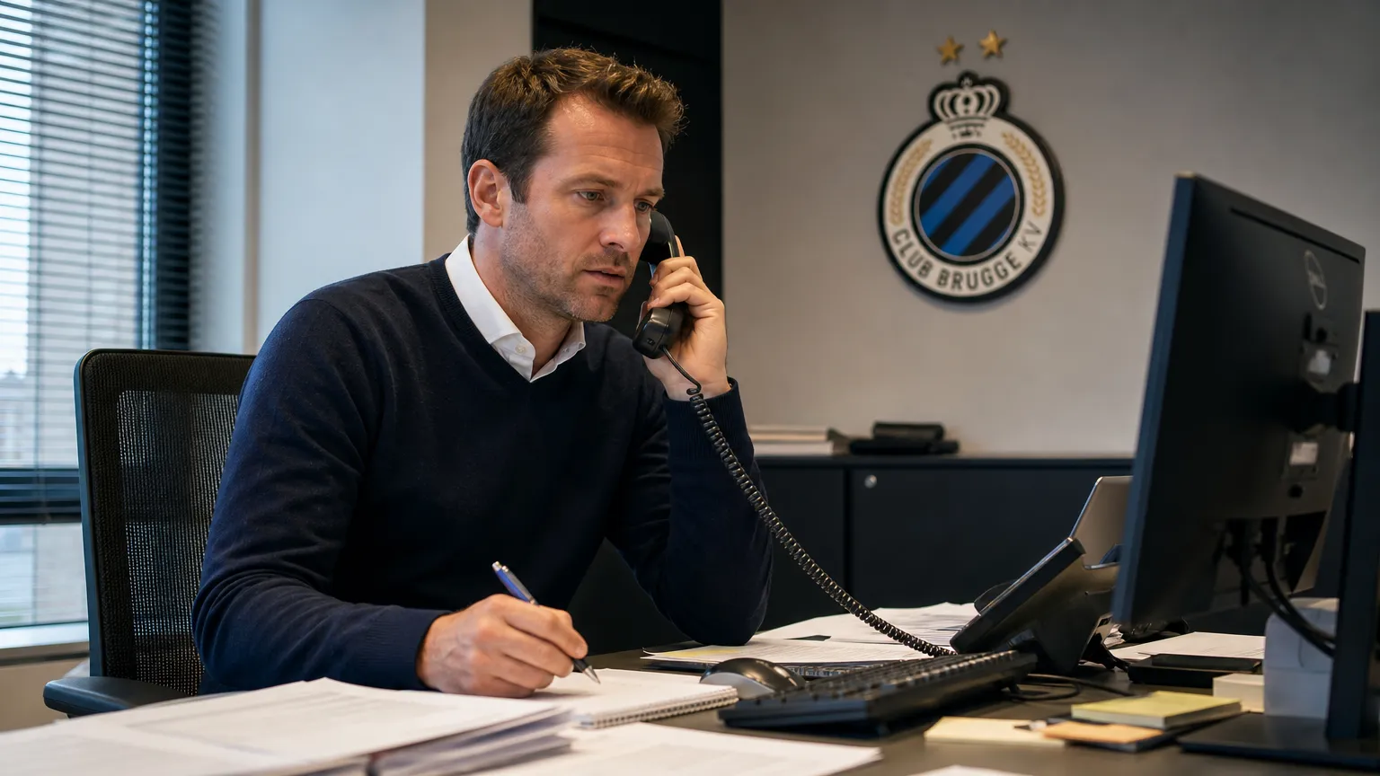 Een medewerker voert telefonisch overleg in een operationeel kantoor van Club Brugge.