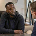 Dodi Lukebakio in neutrale sportkleding tijdens een rustig gesprek in een lounge.