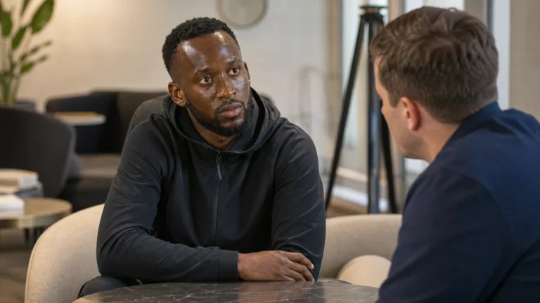 Dodi Lukebakio in neutrale sportkleding tijdens een rustig gesprek in een lounge.