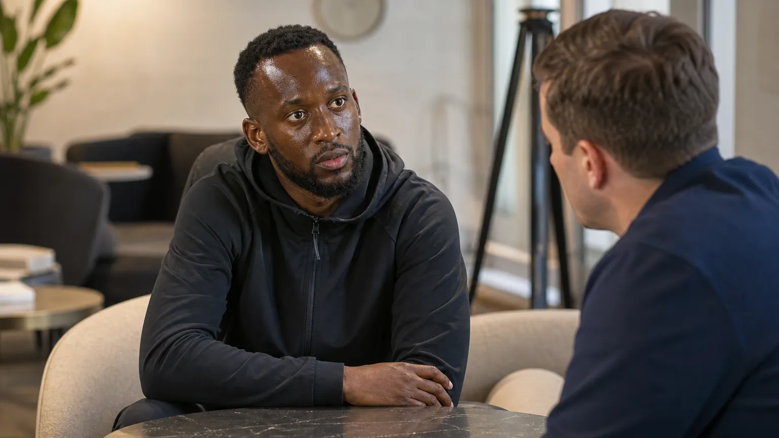 Dodi Lukebakio in neutrale sportkleding tijdens een rustig gesprek in een lounge.