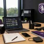 Werkruimte van Beerschot met een discreet clubembleem op de wand.