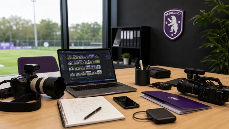 Werkruimte van Beerschot met een discreet clubembleem op de wand.