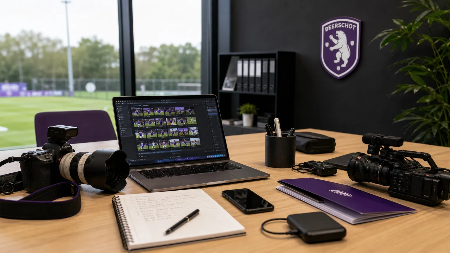 Werkruimte van Beerschot met een discreet clubembleem op de wand.