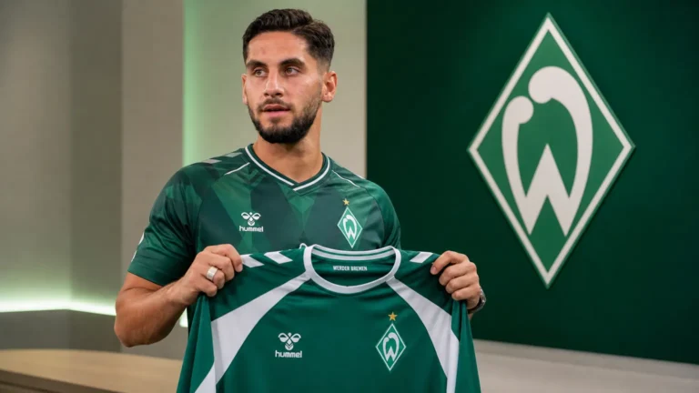 Ludovit Reis poseert met een Werder Bremen-shirt tijdens een officiële clubpresentatie.