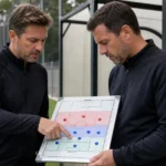 Twee stafleden bespreken verdedigende posities naast een voetbalveld bij Anderlecht.