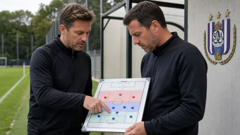 Twee stafleden bespreken verdedigende posities naast een voetbalveld bij Anderlecht.