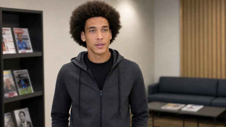 Axel Witsel in neutrale sportieve kleding in een rustige professionele binnenruimte.