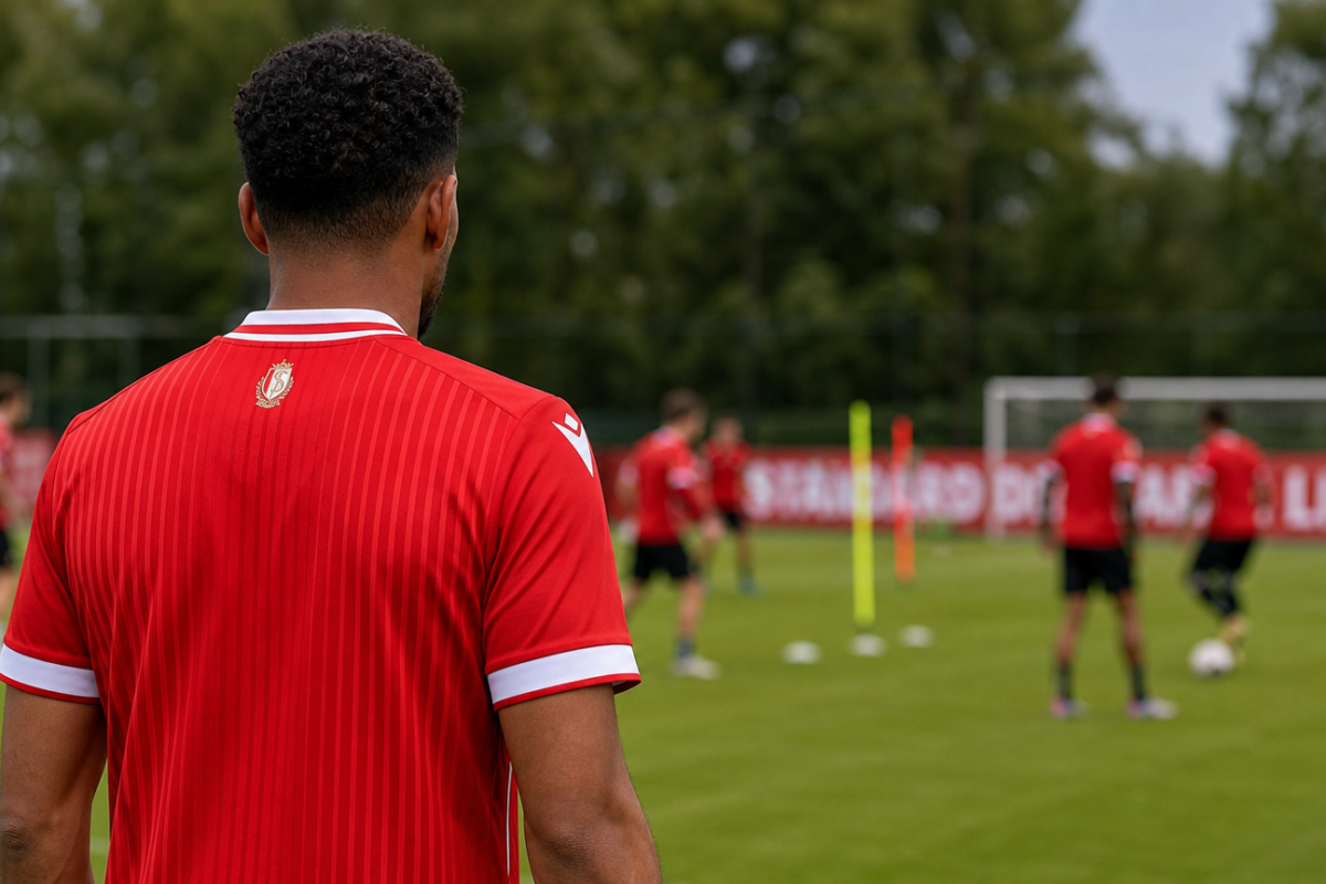 Een anonieme speler van Standard Luik op het trainingsveld, gezien van achteren.