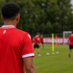 Een anonieme speler van Standard Luik op het trainingsveld, gezien van achteren.