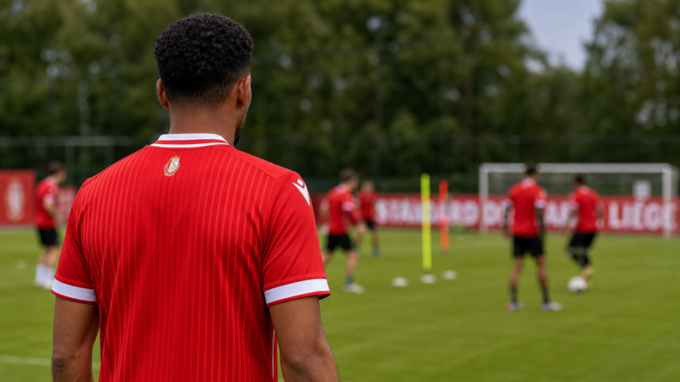 Een anonieme speler van Standard Luik op het trainingsveld, gezien van achteren.