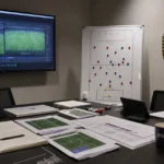 Een analysekamer van RSC Anderlecht met een tactisch scherm en een discreet clubanker aan de wand.