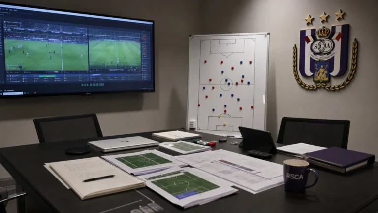 Een analysekamer van RSC Anderlecht met een tactisch scherm en een discreet clubanker aan de wand.