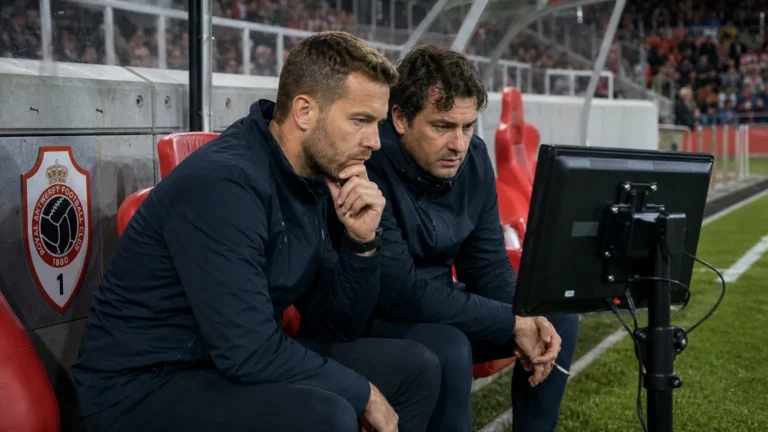 Technische staf bekijkt beelden op de bank in een Antwerpse stadionomgeving.