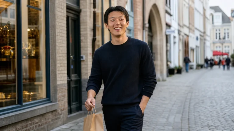 Hanbeom Lee wandelt met een neutrale boodschappentas door een Brugse winkelstraat.