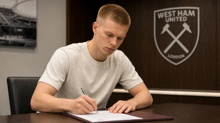 Arne Engels ondertekent een contract in een West Ham-mediaruimte.