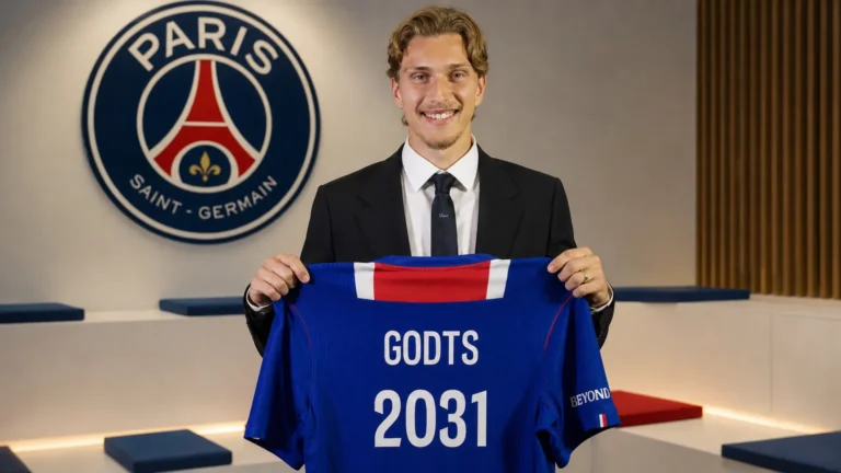 Mika Godts houdt tijdens zijn voorstelling bij Paris Saint-Germain een PSG-shirt omhoog.