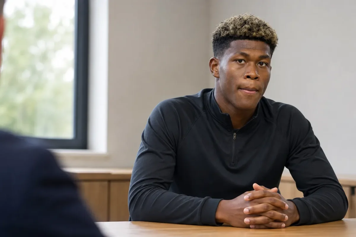 Zion Suzuki zit in neutrale sportkleding aan een tafel in een vergaderruimte.