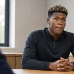 Zion Suzuki zit in neutrale sportkleding aan een tafel in een vergaderruimte.