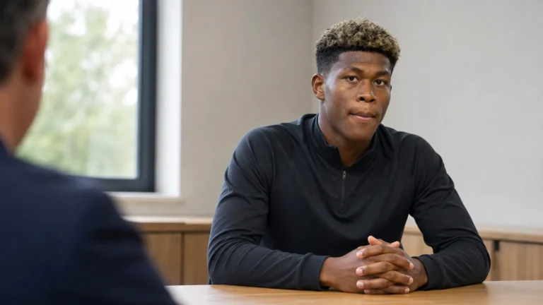 Zion Suzuki zit in neutrale sportkleding aan een tafel in een vergaderruimte.