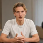 Mika Godts spreekt in een neutrale opnameruimte recht in de camera.
