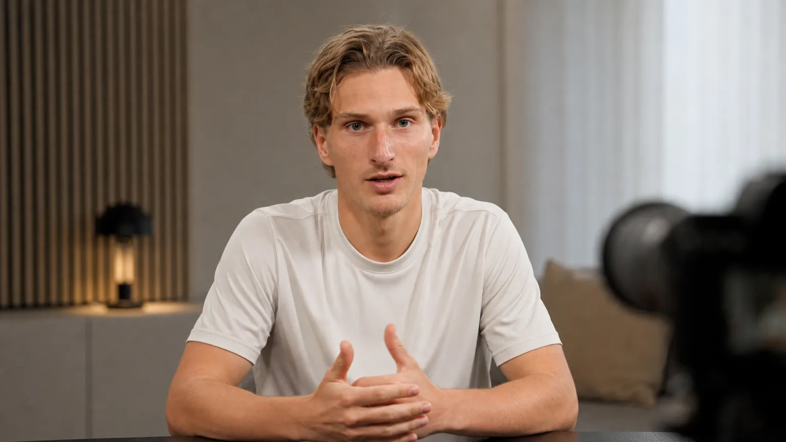 Mika Godts spreekt in een neutrale opnameruimte recht in de camera.