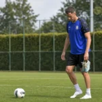 Bruno Godeau van SK Beveren bereidt zich op het trainingsveld voor op een stilstaande fase.