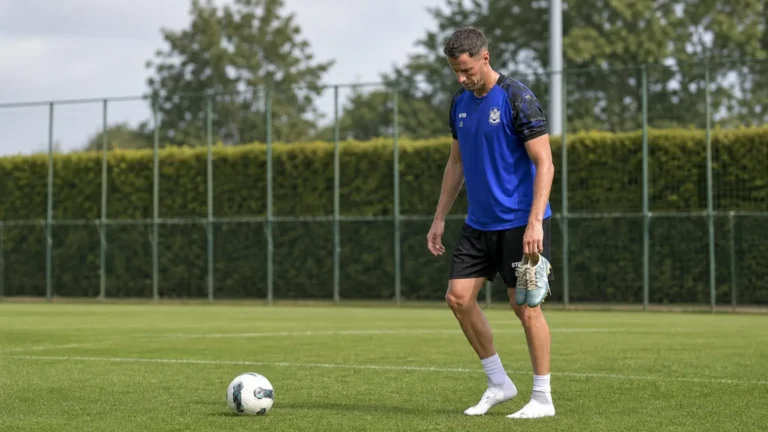 Bruno Godeau van SK Beveren bereidt zich op het trainingsveld voor op een stilstaande fase.